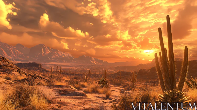 High-dynamic-range desert sunset with detailed cacti silhouettes