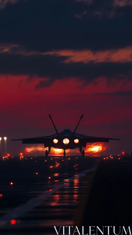 Jet aircraft departs runway under low-light dusk conditions
