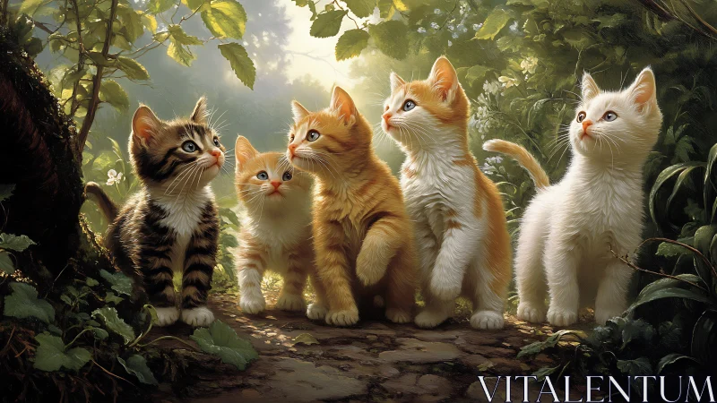 Five Kittens in Forest Setting with Volumetric Lighting and Lush Vegetation