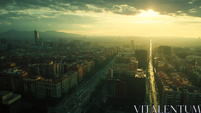 Sunlit urban skyline with glowing central avenue at dusk.