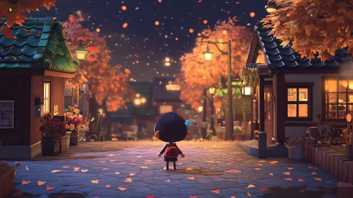 Nocturnal autumn village corridor with stylized child observer.