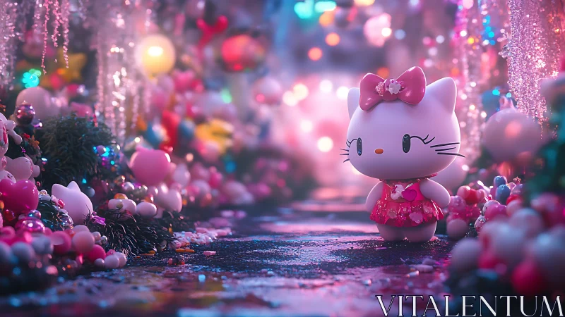 Cute cat character in sparkling pastel fantasy street scene.