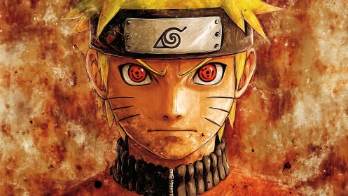 Intense anime ninja portrait with glowing red eyes.