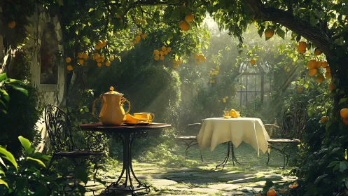 Sunlit lemon grove tea garden steeped in golden hush.