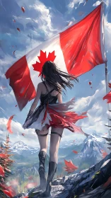 Digital heroine with Canada flag on high mountain summit.