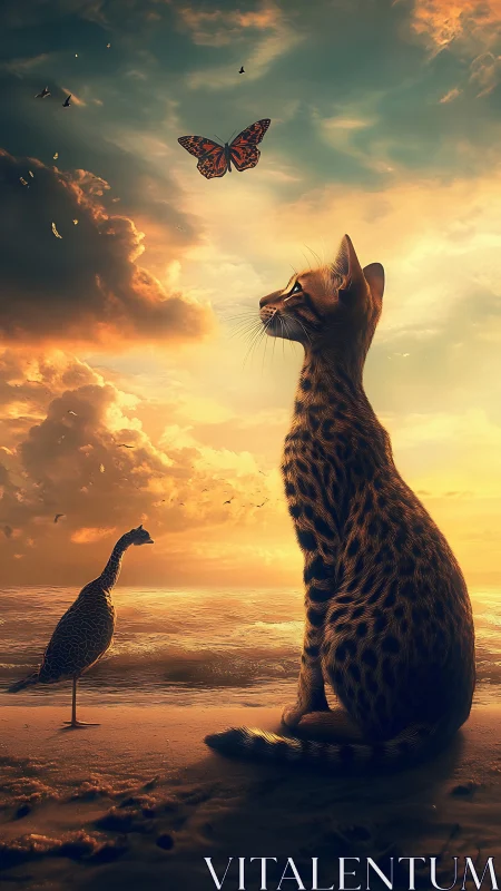 Sunset-spotted cat and shy shorebird chase a drifting dream.