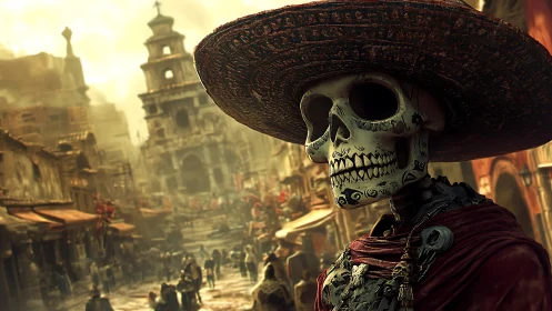 Calavera guardian overlooks sunlit D&iacute;a de Muertos street.