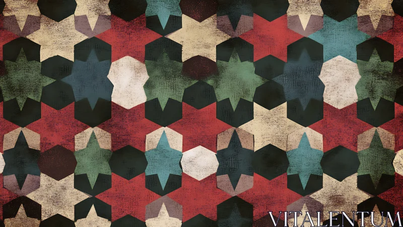 Worn mosaic stars drift across a quilt of rust and teal