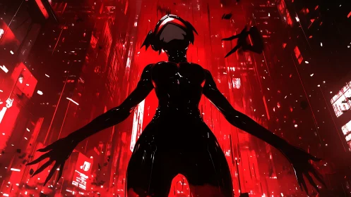 Silhouetted cybernetic figure ascends in red data canyon