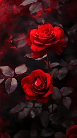 Vivid red roses against dark moody foliage.