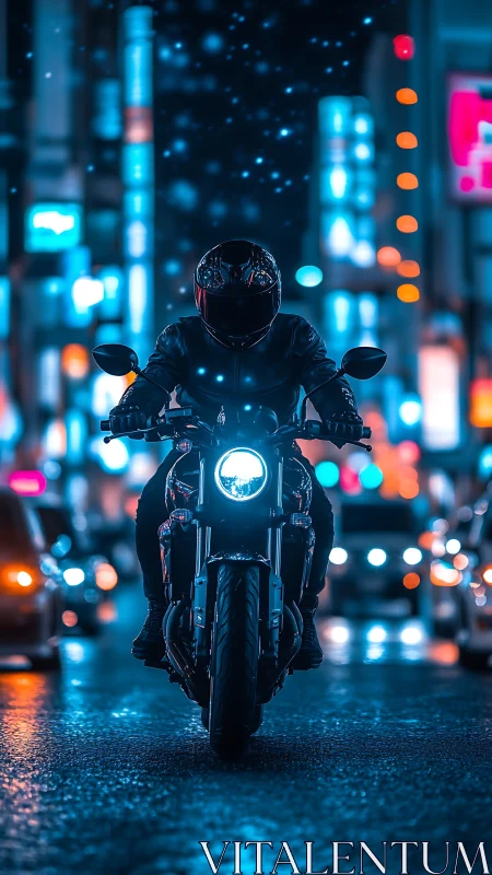 Midnight rider cleaves neon rain through cyberpunk streets