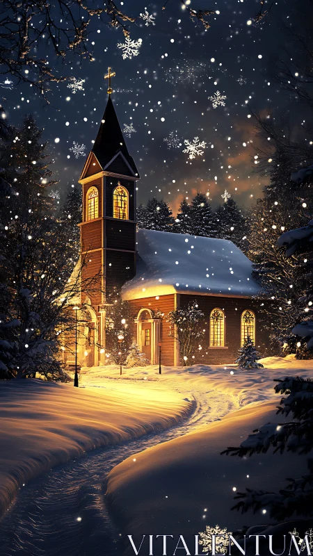 Snowy winter church at night with glowing warm windows.