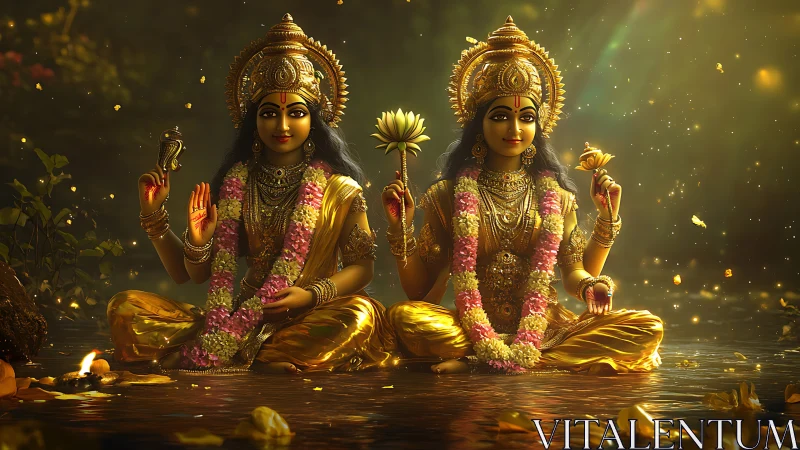 Golden twin goddesses resting in gentle shimmering light.