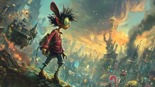 Whimsical scout in neon-drenched steampunk megacity panorama.