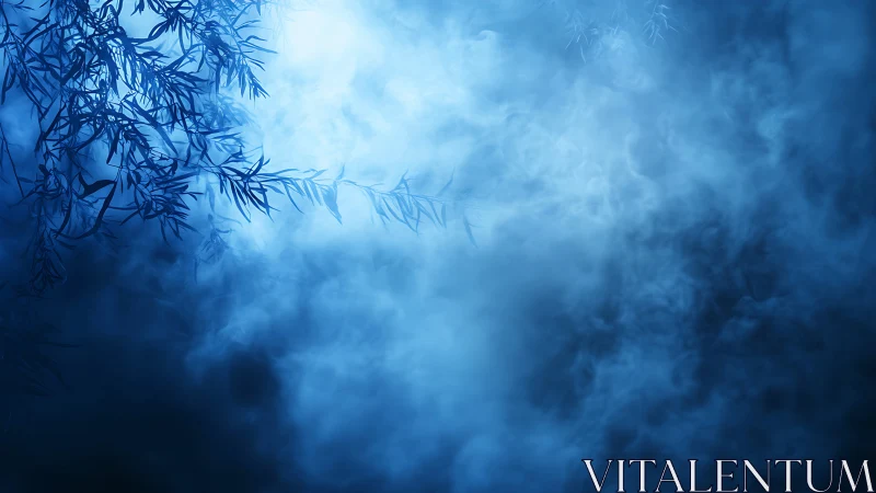 Blue fog obscures silhouetted branches against dark background
