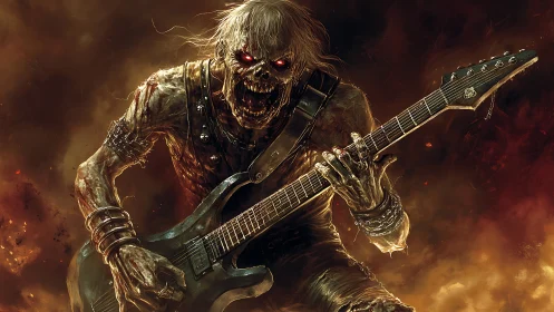 Undead metal guitarist screams amid burning infernal stage