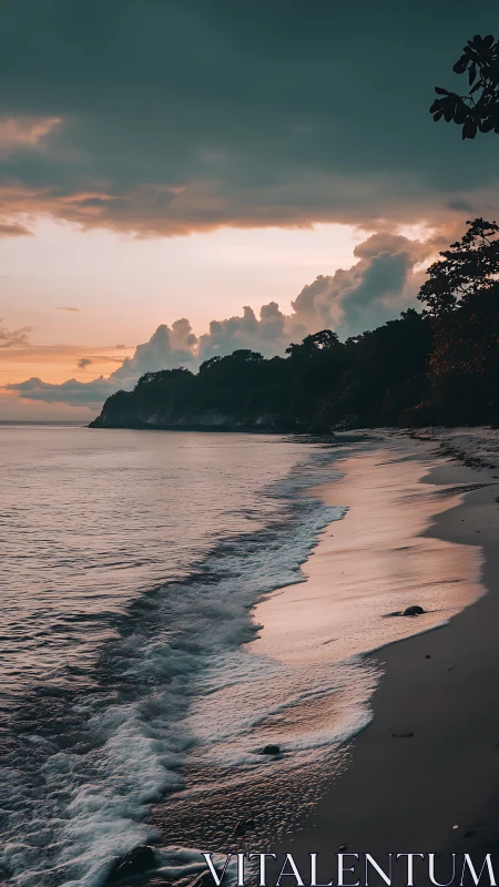 Moody tropical shoreline under dramatic sunset sky.