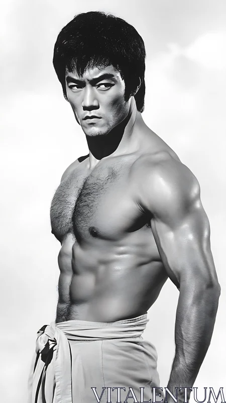 Monochrome rendering depicts muscular male torso in profile