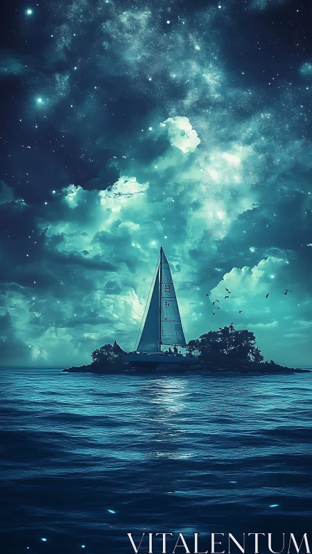 Nocturnal sailboat framed by bioluminescent sea and star clouds