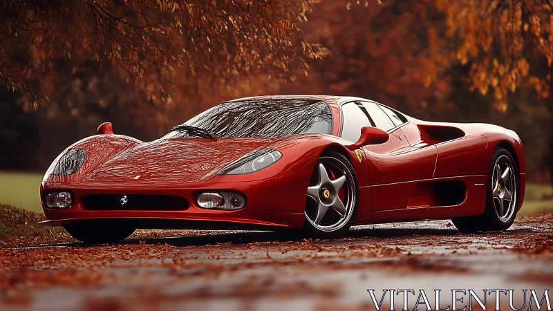 Red sports coupe on wet road amid autumn foliage backdrop.