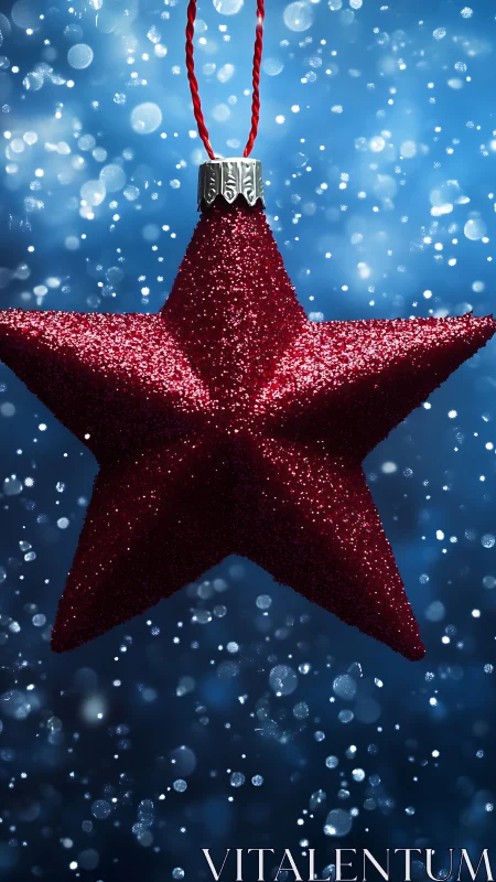 Red glitter star ornament hangs against blue bokeh background.