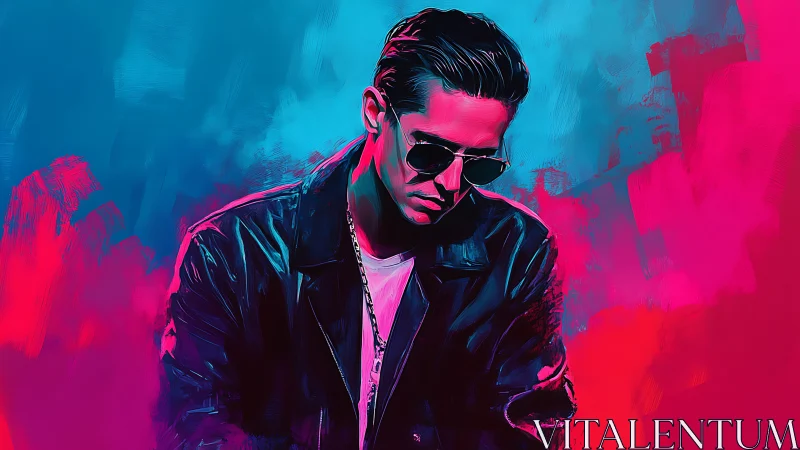 Moody digital portrait of man in leather and sunglasses.
