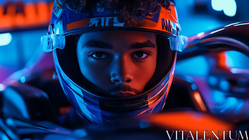 Racing driver portrait shows helmeted subject in cockpit