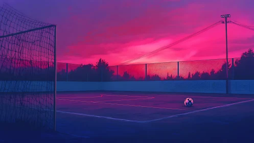 Outdoor futsal court with soccer ball at dusk under netted fence.