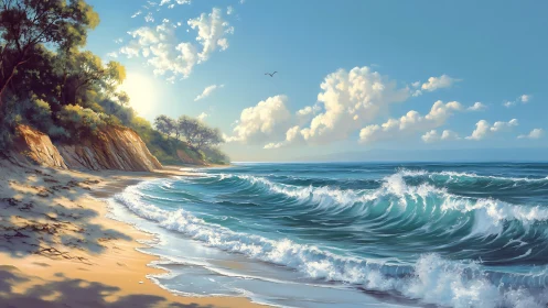 Waves strike sunny forested shoreline under bright sky