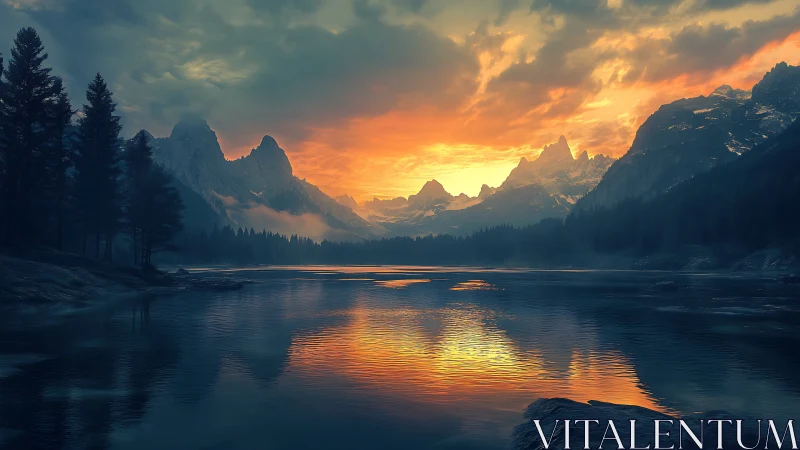 Sunset fire braids mountain spires into the quiet lake