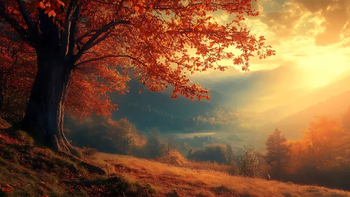 Autumn mountain valley under blazing golden sunrise glow.