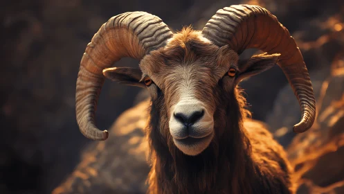 Wild mountain ram portrait in warm golden sunlight.