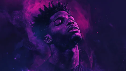 Neon-lit portrait in violet haze of contemplative serenity.