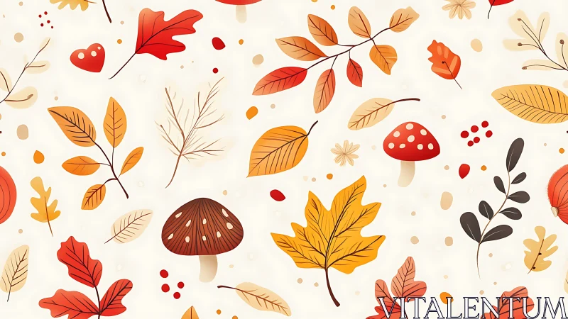 Playful autumn leaves and mushrooms seamless pattern.