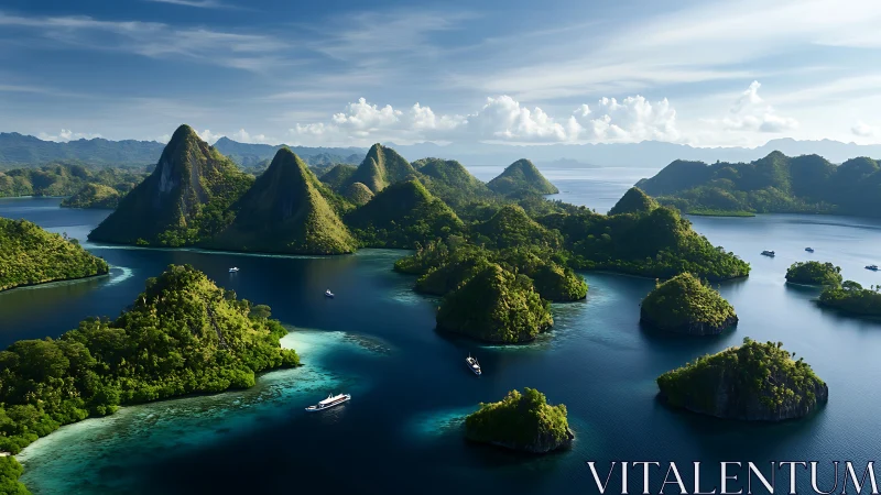 Dramatic limestone islands pierce emerald waters in tropical paradise.