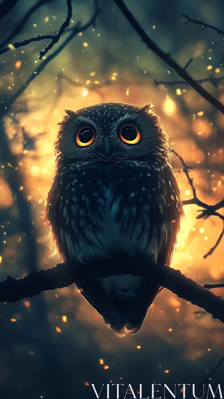 Digital painting of a luminous owl in ember-lit forest twilight.