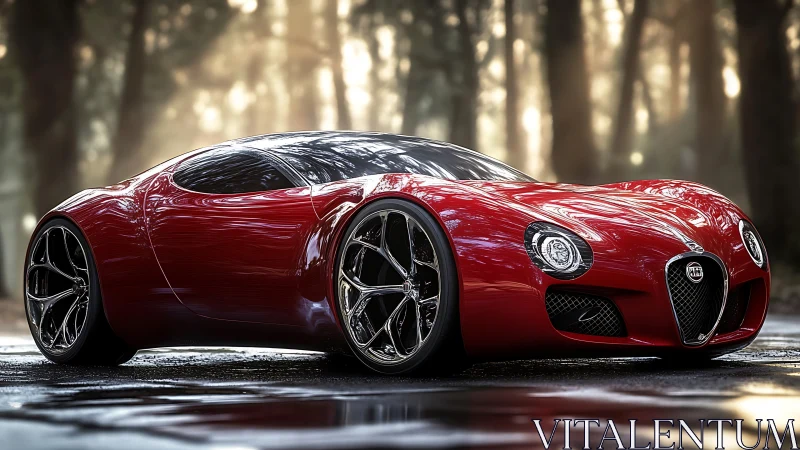 Red concept supercar sits on wet forest road at sunrise