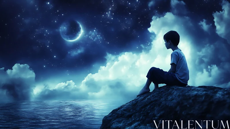 Solitary child seated on rock under crescent moon sky.