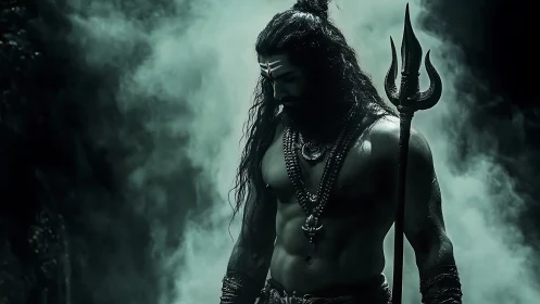 Warrior with trident in smoky mystical forest scene