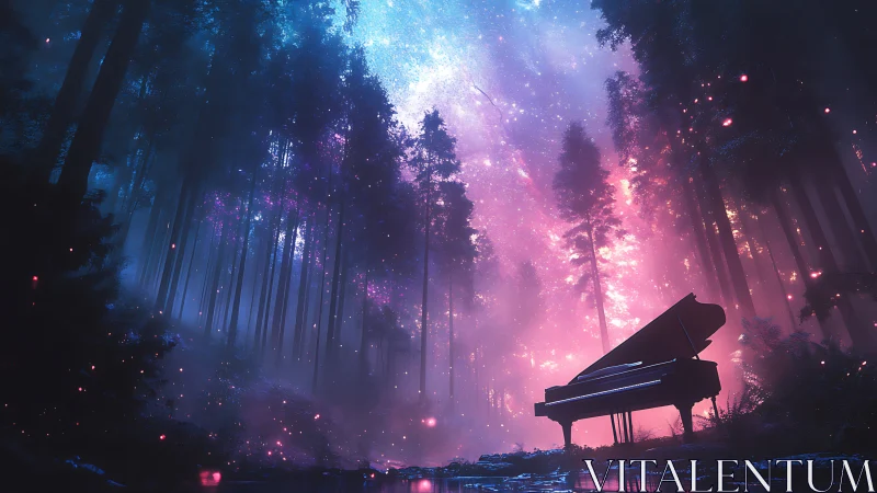 Grand piano in illuminated forest with diffuse cosmic light.