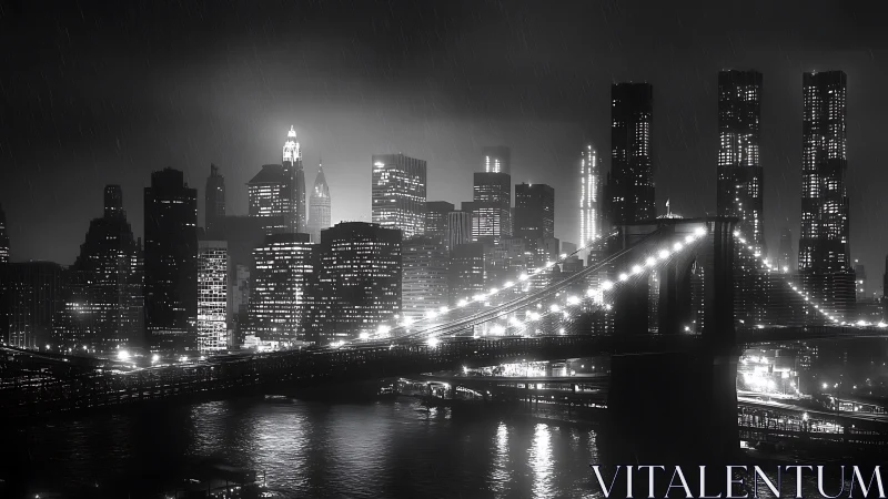 Noir city skyline and illuminated bridge rendered in photorealism