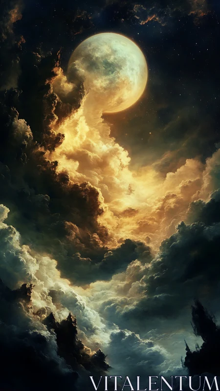 Luminous full moon rises through storm-torn celestial clouds