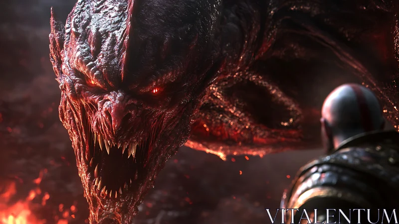 Colossal demon roars in molten battlefield before lone warrior