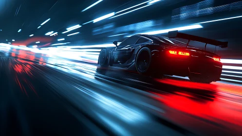 Night circuit hypercar slicing through neon-laced speedway.