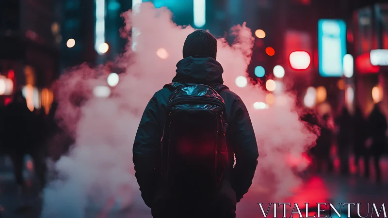 Hooded figure walks through neon city fog at night streets.