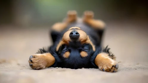 Dachshund puppy naps upside down on soft sandy ground.