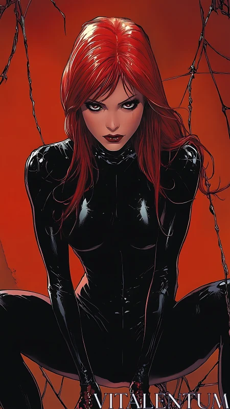 Red‑haired vigilante crouches in glossy black suit.