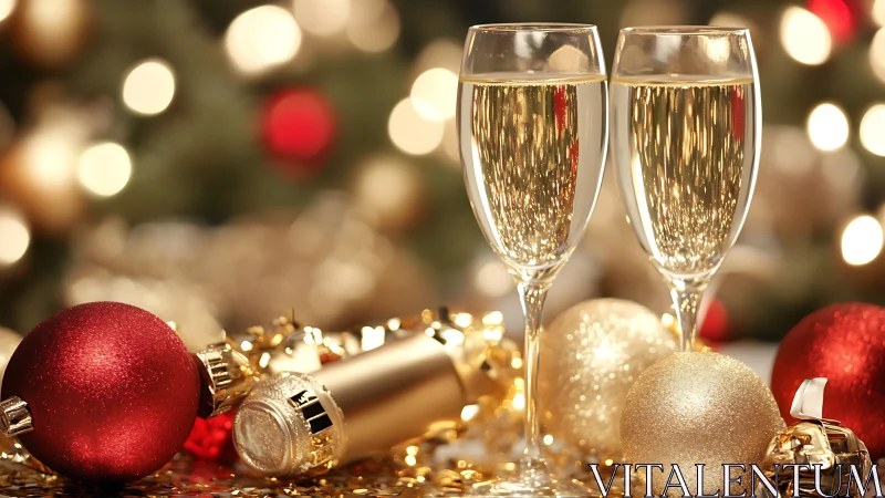 Festive champagne flutes glow amid red and gold ornaments.