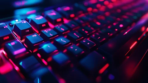 RGB gaming keyboard in neon blue and magenta light closeup.
