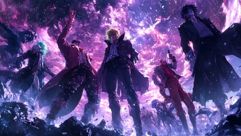 Storm-forged misfits stride from a cosmic violet impact